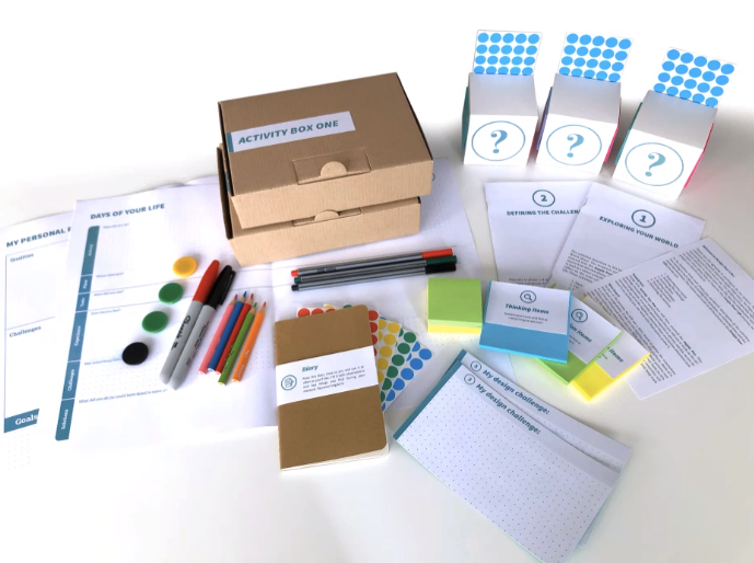 Image of the toolkit developed by Omar Martinez Gasca. The image shows a set of toolkit materials: boxes with activity materials and round stickers, small folders with post-its, writing materials and templates. 